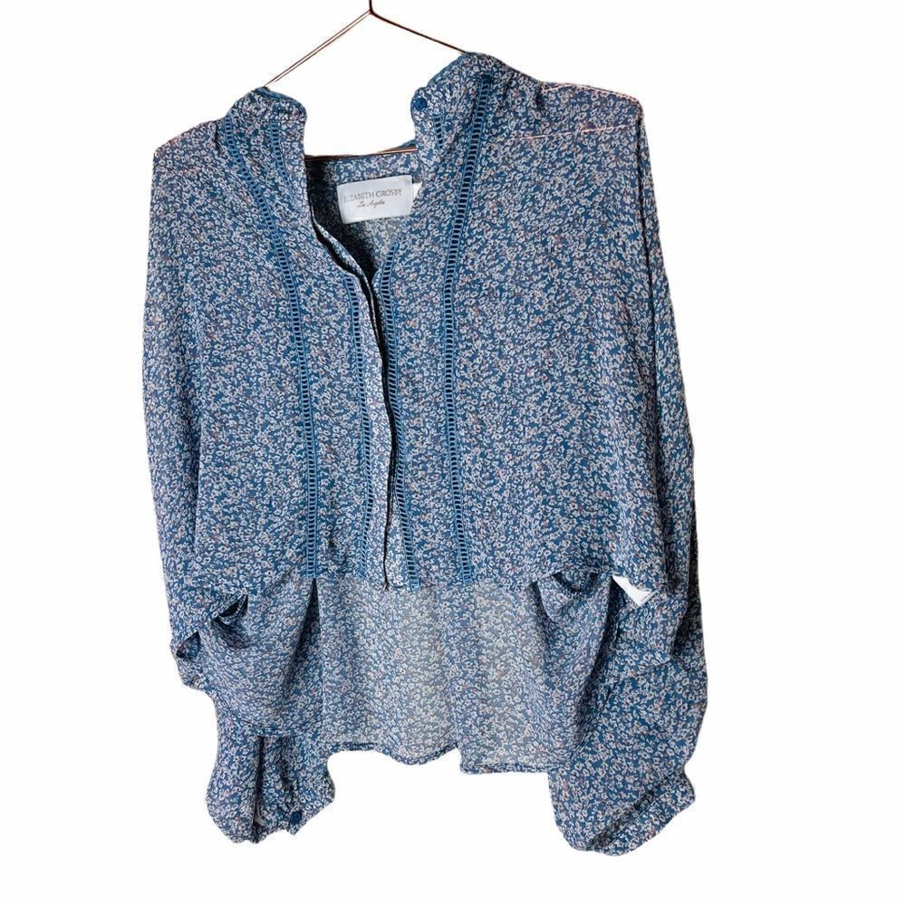 EUC Elizabeth Crosby Blue Floral Sheer Peasant Blouse Small